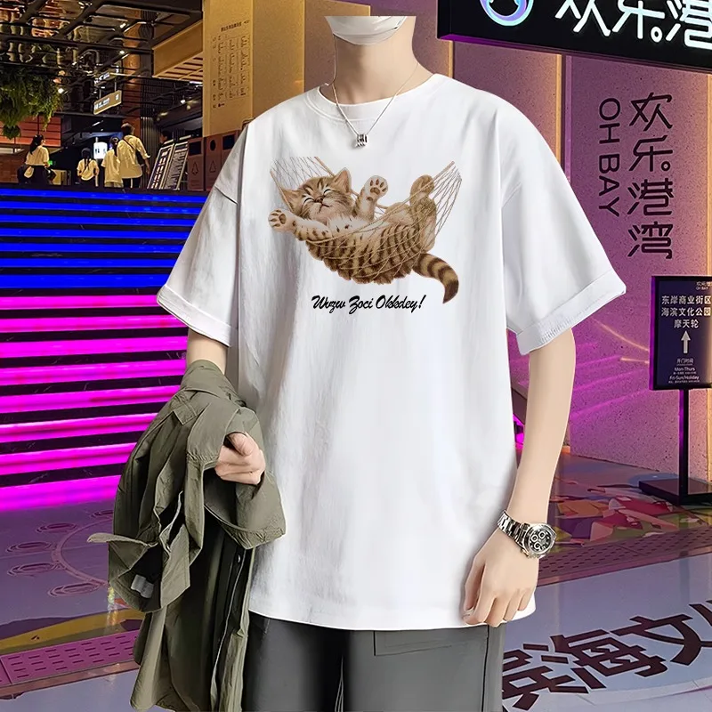 JP Men's Cotton Oversized T-shirts Summer White Graphic T Shirts Cat Printed Tops Harajuku Men's Clothing My Body My Choice New