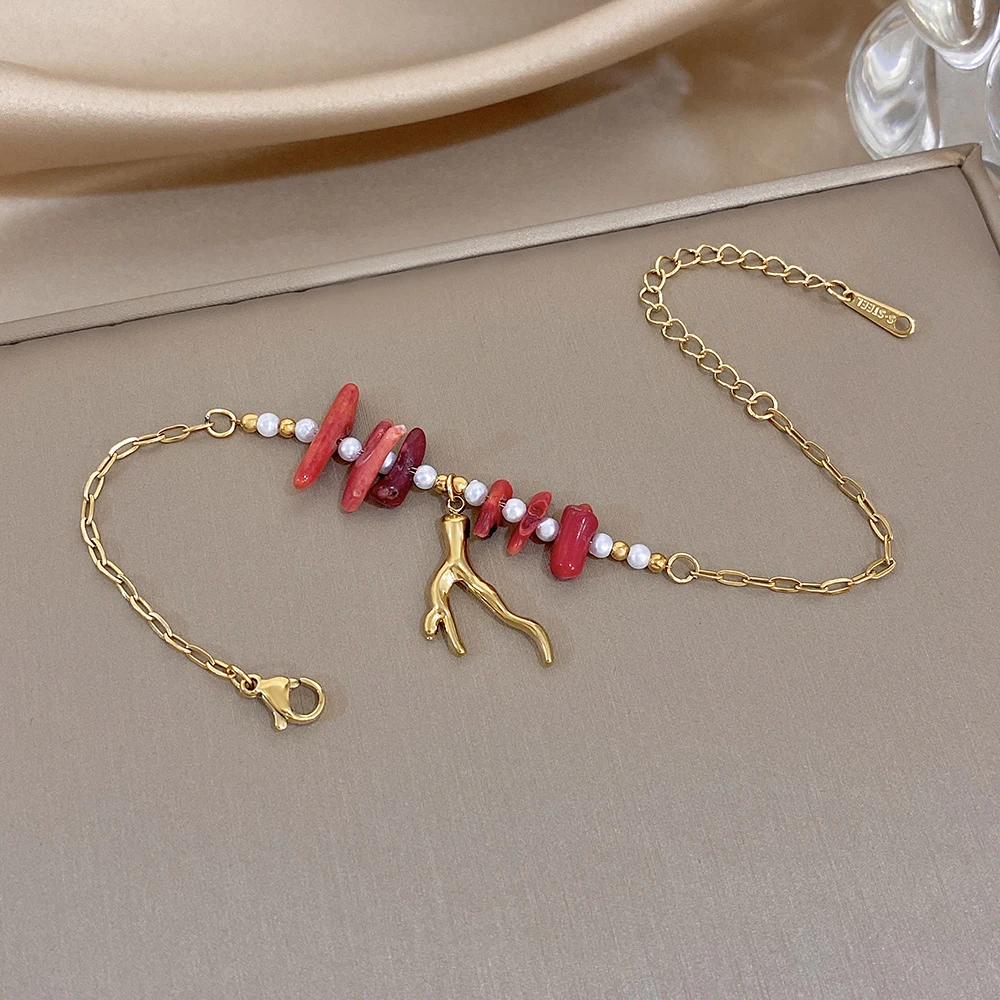 New Waterproof Golden Stainless Steel Bracelet for Women Boho Red Coral Imitation Pearl Beaded Bracelet Vacation Jewelry Gifts