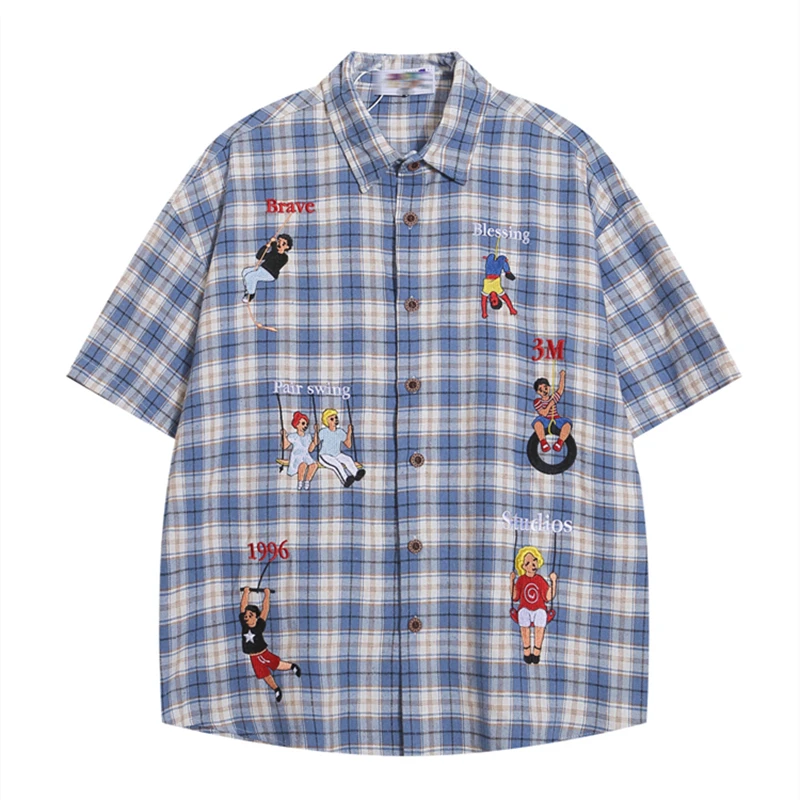 Summer Retro Cartoon Embroidery Personalized Plaid Shirts Men Women Japanese Cute Blouse Loose Oversized Short Sleeve Lapel Tops