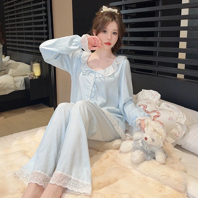 2024 Spring Sweet Lace Princess Long Sleeve Cotton Pajama Sets for Women Korean Cute Sleepwear Suit Pyjama Homewear Home Clothes