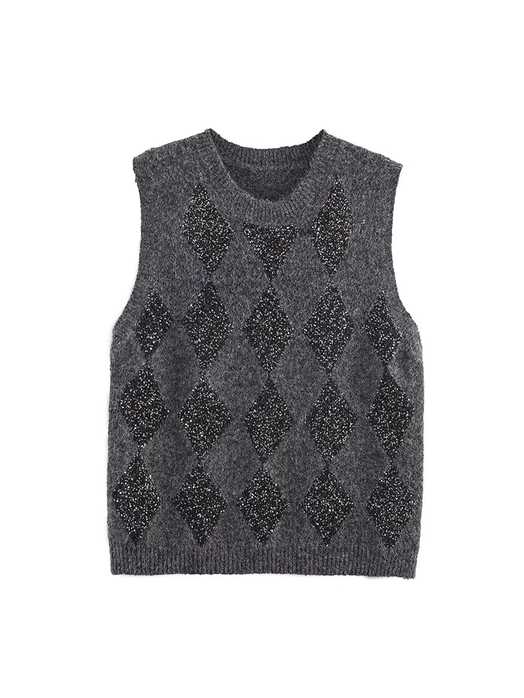 

European style new women's fashion versatile and elegant sequined diamond round neck sleeveless knitted vest
