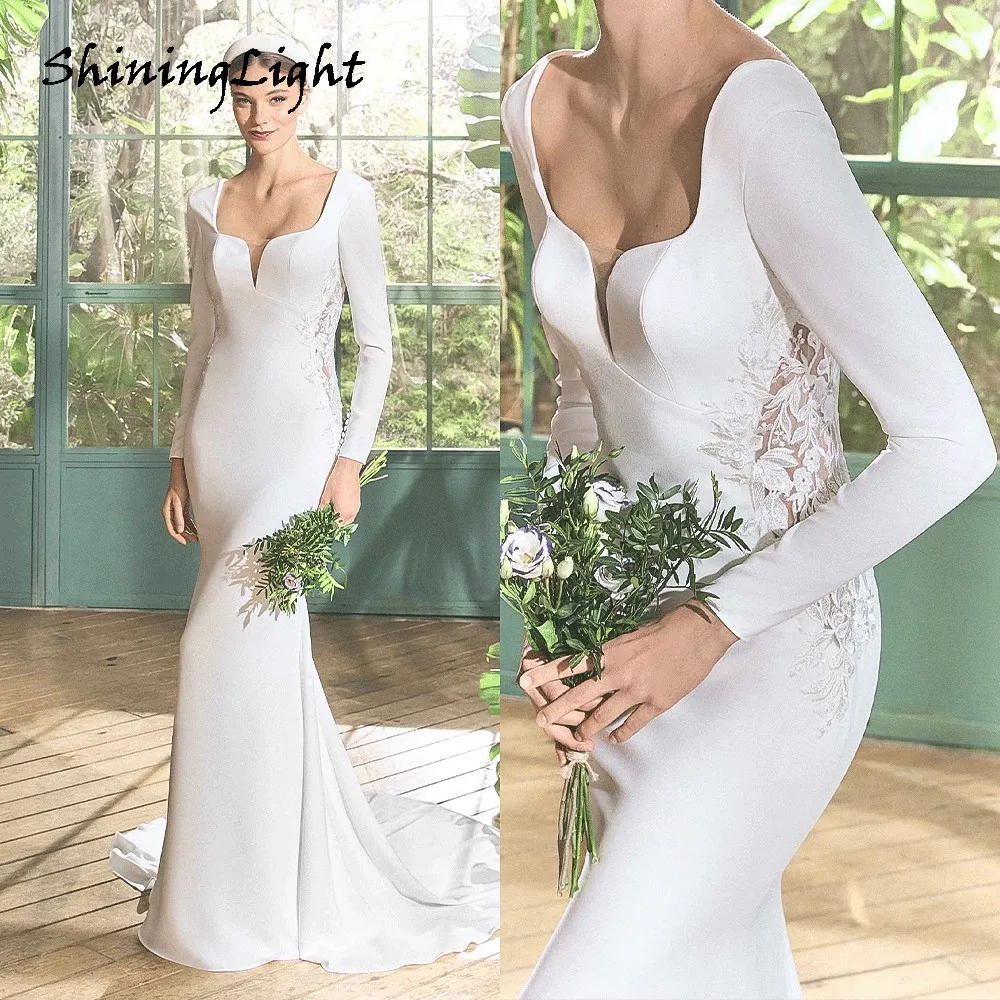 

ShiningLight V Neck Satin Boho Mermaid Wedding Dress Long Sleeve Backless Elegant Bridal Gown Made robes de mariée Customized