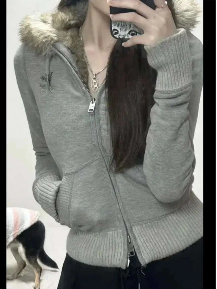 Y2K Rock Punk Motorcycle Jacket Grunge Long-sleeved Fleece-lined Hooded Sweatshirt Jacket Subculture Slim Top Zipper Short Tops