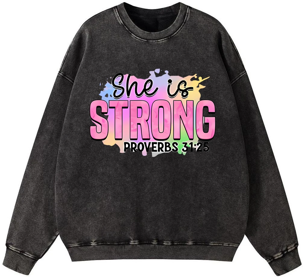 

She Is Strong Proverbs 31:25 Women'S Vintage Washed Cotton Sweatshirt Street Oversize Warm Pullover Loose Casual Fleece Hoodie