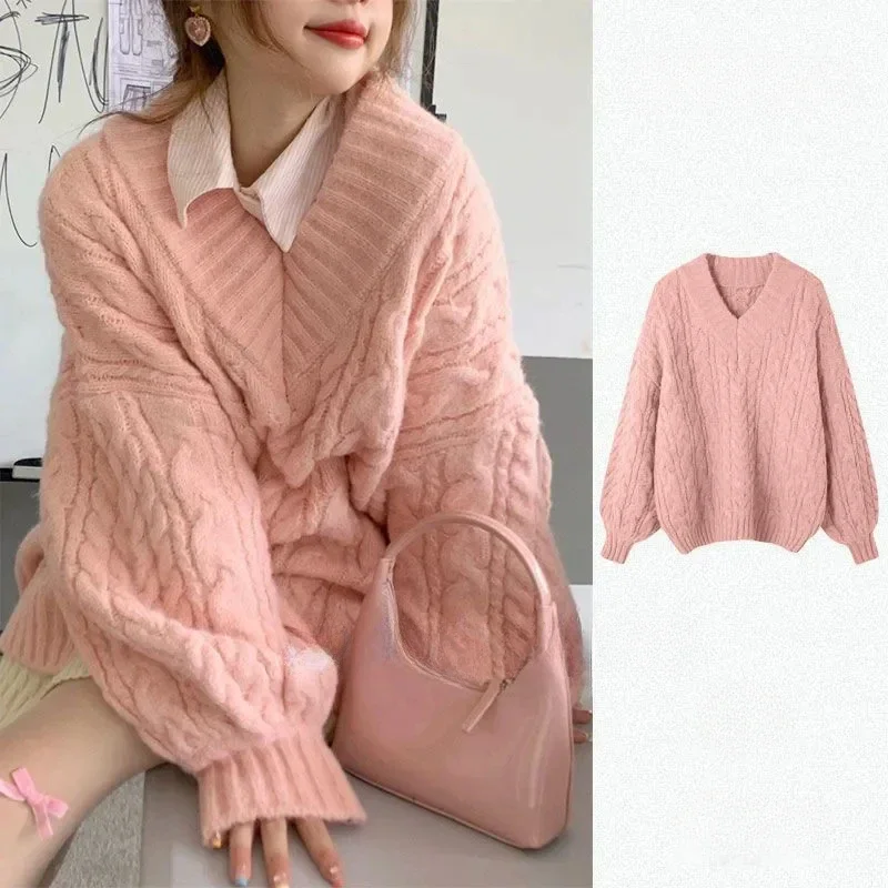 Clearance XL Women Sweater Soft Waxy Knitting Pullover V-neck Loose Lantern Sleeve Sweet Preppy Style Thickened Warm Jumper