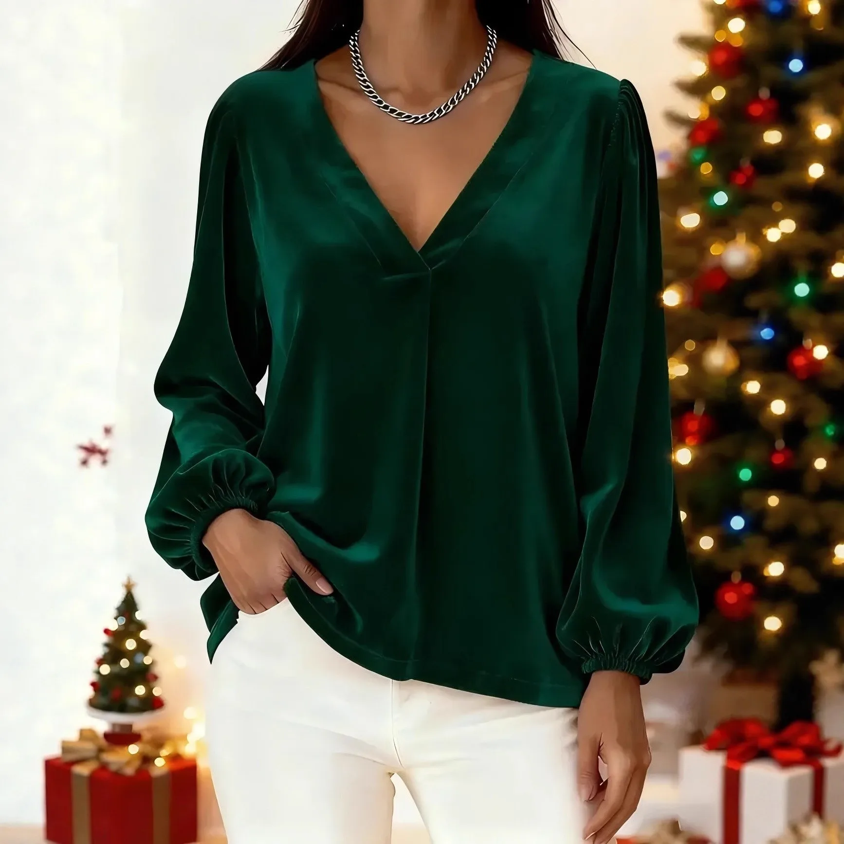Immagine 5: Top a Vestibilità Ampia con Scollo a V, Lunghezza Regolare, Stile Chic da Ufficio con Maniche a Palloncino, Elegante Maglietta Invernale, Pullover da Donna a Maniche Lunghe