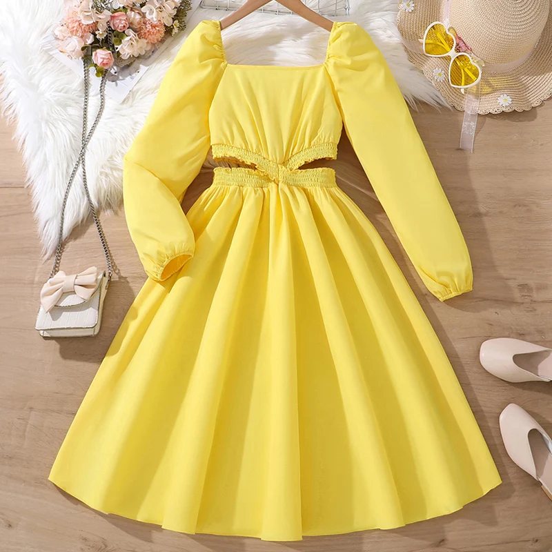 Kids Clothes Children Dress For Girls 8-12 Years Yellow Square Collar Bubble Sleeve Long Sleeve Hollow Waist Design Dress