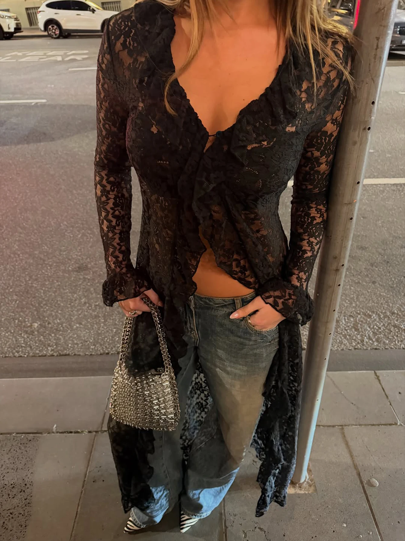 Hugcitar Floral Print Lace V Neck Ruffles Long Flare Sleeve Button Sexy Dress Coat See Through Women Outfit Party Night Club Y2K