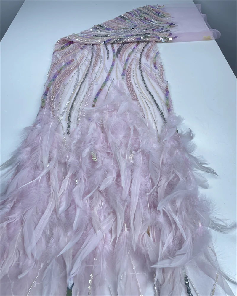 High-End African Nigeria handgemachte Perlen 3D Feder Stickerei Französisch Pailletten Spitze Stoff für Abendkleid Hochzeit
