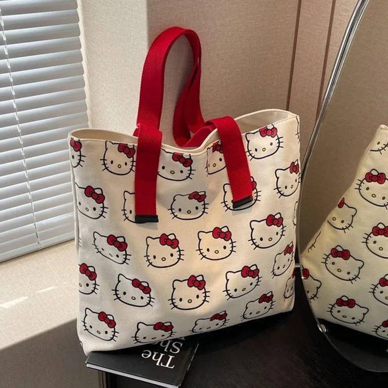 Sanrio Hello Kittys Shoulder Bag Cute Cartoon Casual Canvas Full Screen Large Capacity Kawaii Anime Shopping Bag Toys Girl Gifts