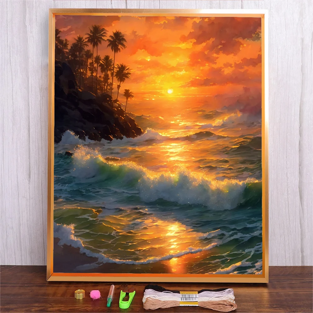 Sunset Seascape DIY Cross Stitch Embroidery 11CT Kits Craft Needlework Set Printed Canvas Cotton Thread Handicraft Home Decor