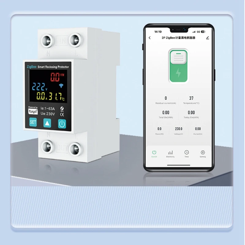 Zigbee TUYA Smart Life 2P/63A Circuit Breaker Earth Leakage Over Under Voltage Protection Protector Relay Energy Meter