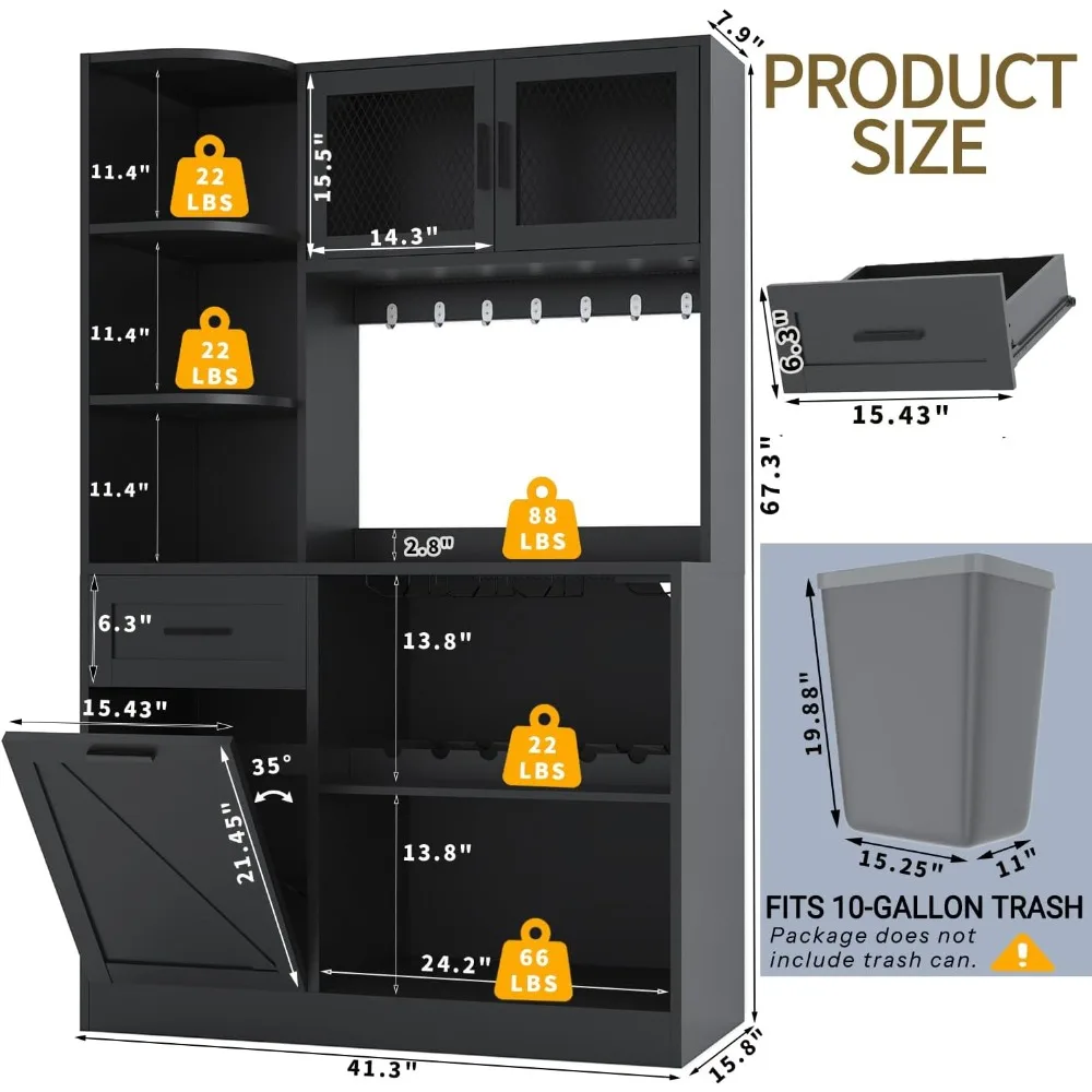 67.3" Tall Modern Kitchen Pantry Storage Cabinet with Drawer and Shelves, Tilt Out Trash Can, Coffee Bar Wine Cabinet