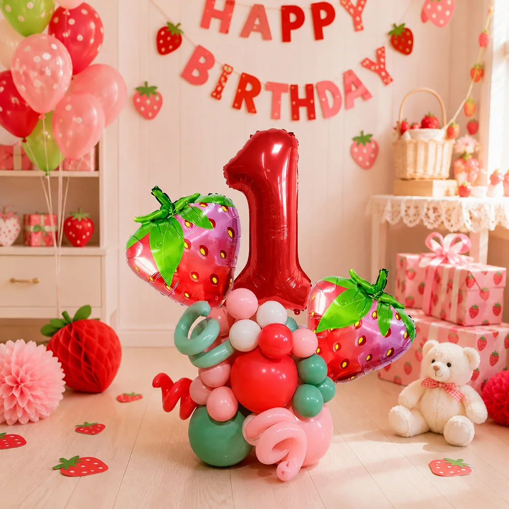Cute Strawberry Fruit 32 inch Red Digital Column Aluminum Film Balloon Set Birthday Party Theme Photo Prop