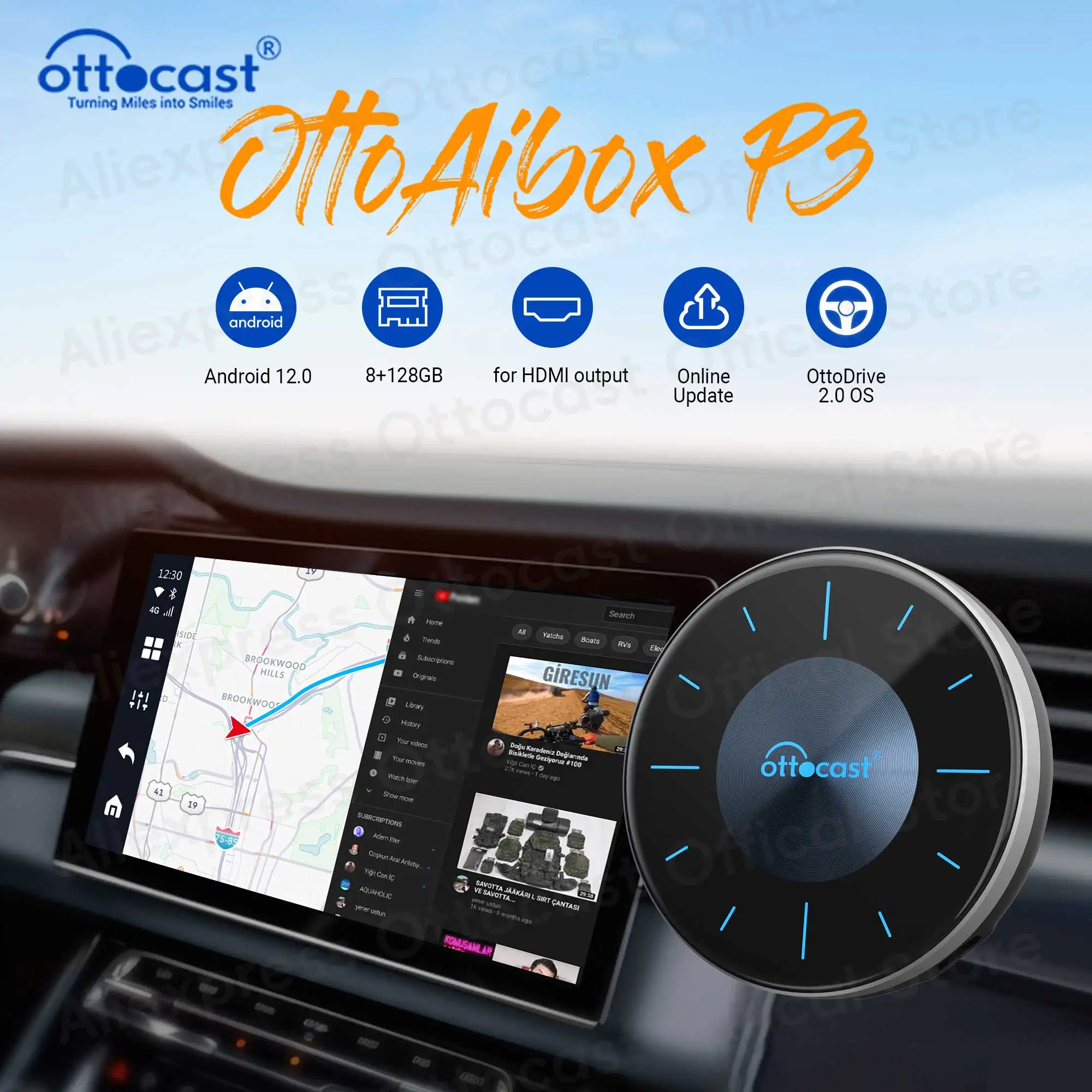 OTTOCAST OttoAiBox P3 Wireless Android AI Box for HDMI Out CarPlay Accessories for Chervolet Skoda Porsche Hyundai Volkswagen