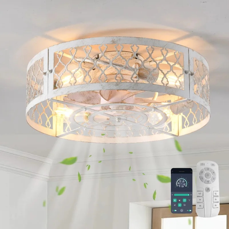 Cage bladeless ceiling fan with light industrial farmhouse fan with remote, kitchen 6-speed timing