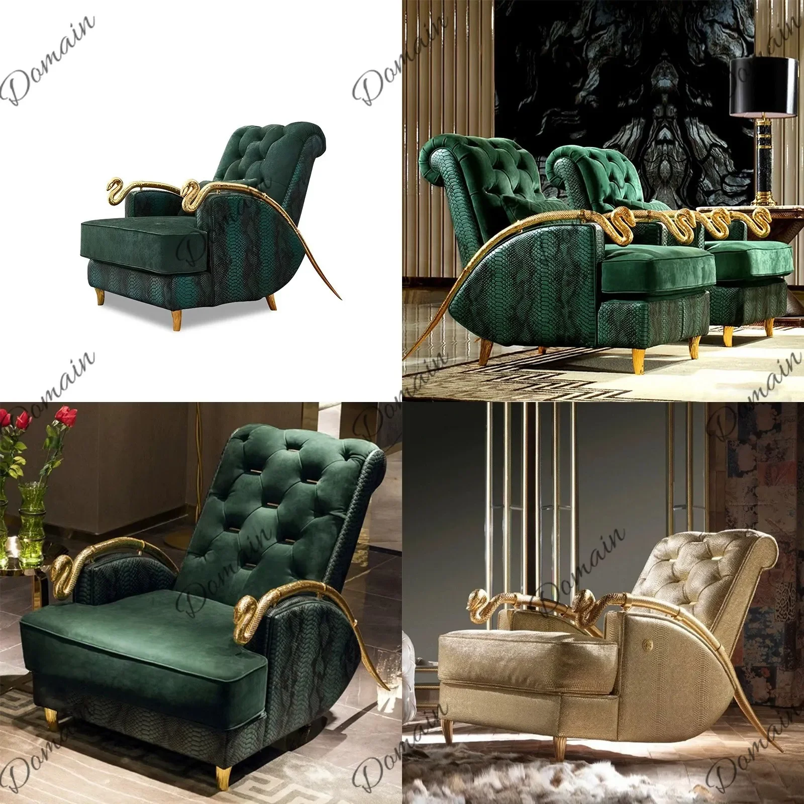 81 N Italian Luxury Designer Solid Copper Snake Armrest Chair Crocodile Leather Leisure Sofa Hotel Villa Home