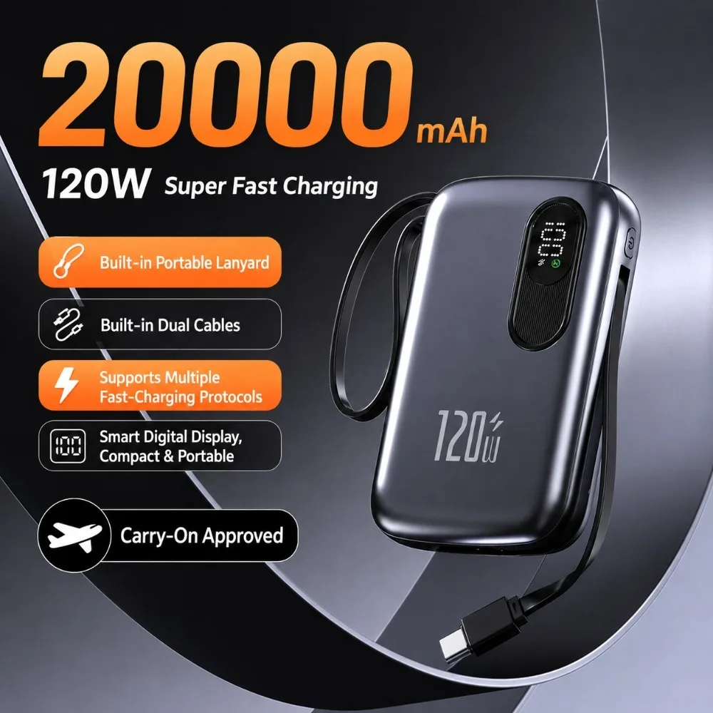 PowerBank 20000mAh Large Capacity Portable Charger Dual Integrated Cables Fast Charging External Battery For iPhone Samsung