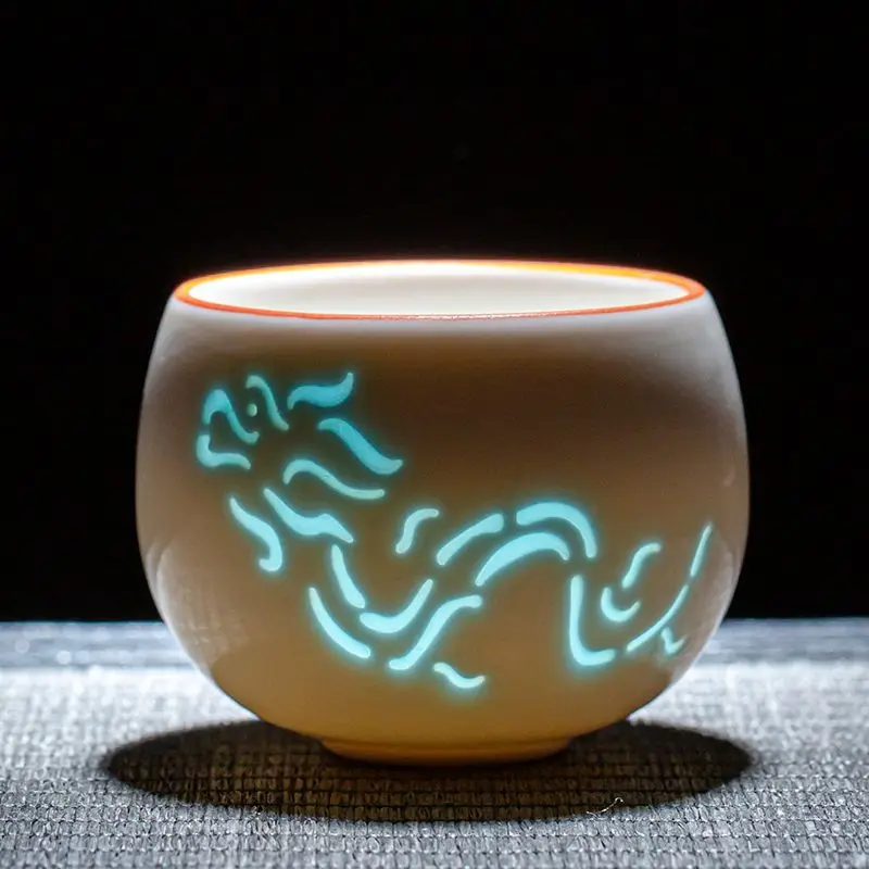 Mutton Fat Jade Porcelain Gongfu Tea Cup Set， Handmade Hollow Dragon Phoenix Design， Chinese Ceramic Tea Cup for Tea Ceremony