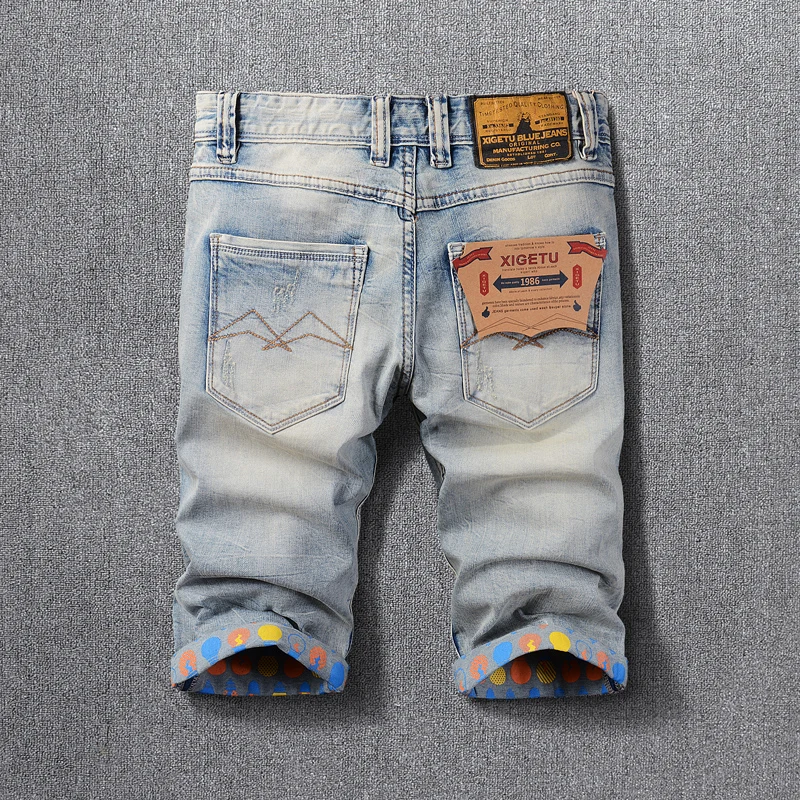 Streetwear Fashion Summer Men Short Jeans Retro Light Blue Printed Designer Ripped Short Jeans Men Hip Hop Denim Shorts Hombre