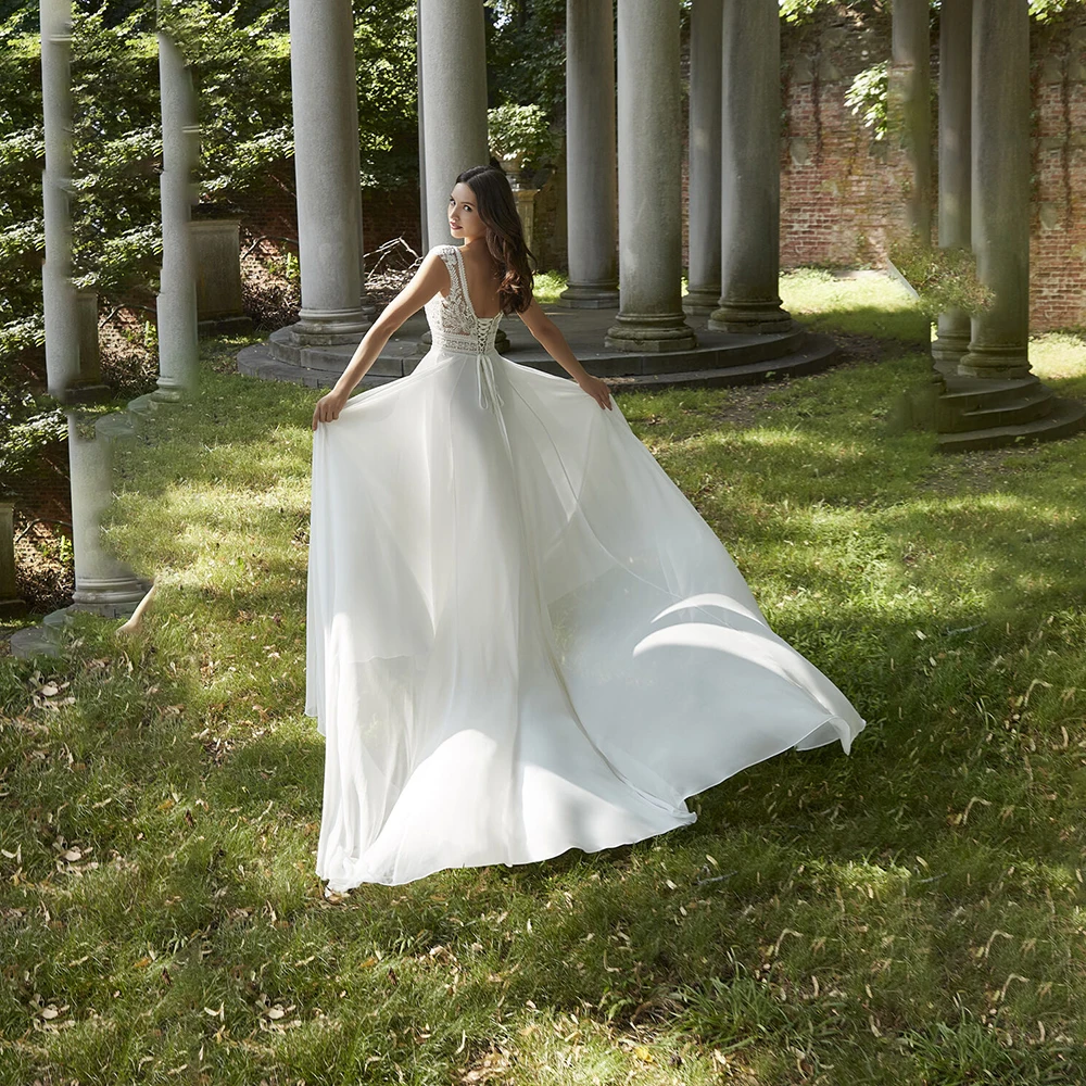 ZIBUYU Aangepaste elegante romantische trouwjurk V-hals Kapmouw Kant Mouwloos Appliqué A-lijn Sweep Trein 2025, Bruidsjurk