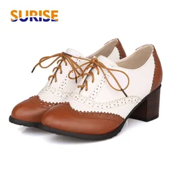 Oxford da donna britannici Décolleté con tacco alto quadrato Décolleté con patchwork marrone nero Punta tonda Stringate casual da ufficio vintage da donna