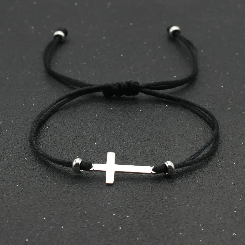 Stainless Steel Cross Charm Bracelet Simple Handmade Adjustable Red String Bracelets for Women Men Couple Lucky Jewelry Gift