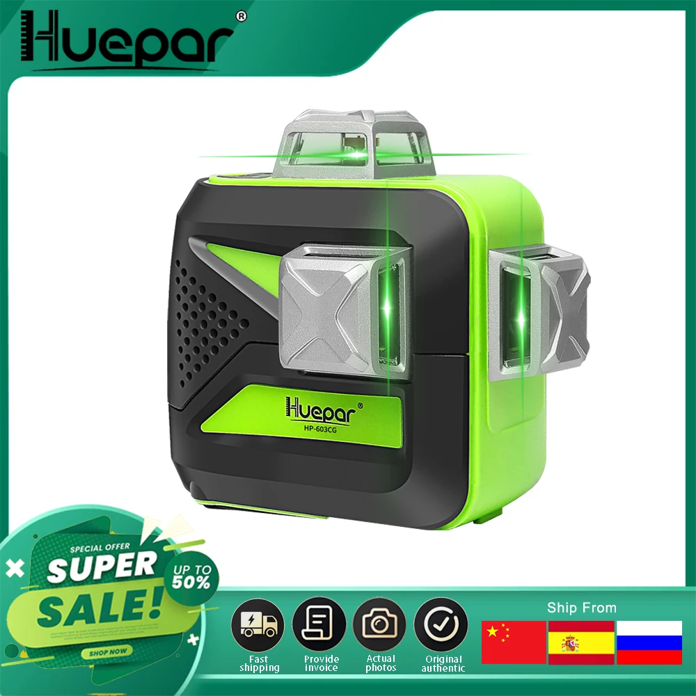 Huepar 12Lines 3D Laser Level Self-Leveling 360 degree Horizontal & Vertical Cross Powerful Outdoor can use Detector Green Beam