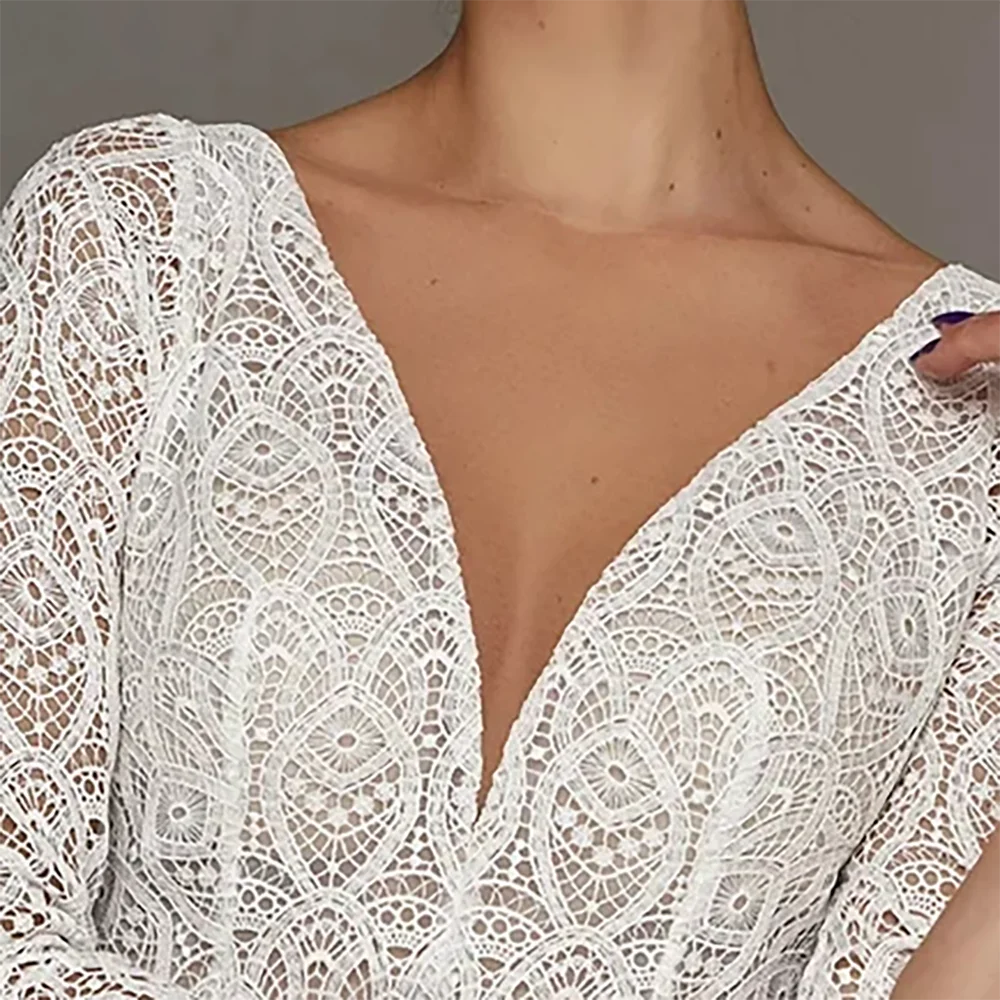 Klassieke V-hals Kanten Plooi Volledige Mouw A-lijn Bruid Trouwjurken Bruidsjurken Op Maat