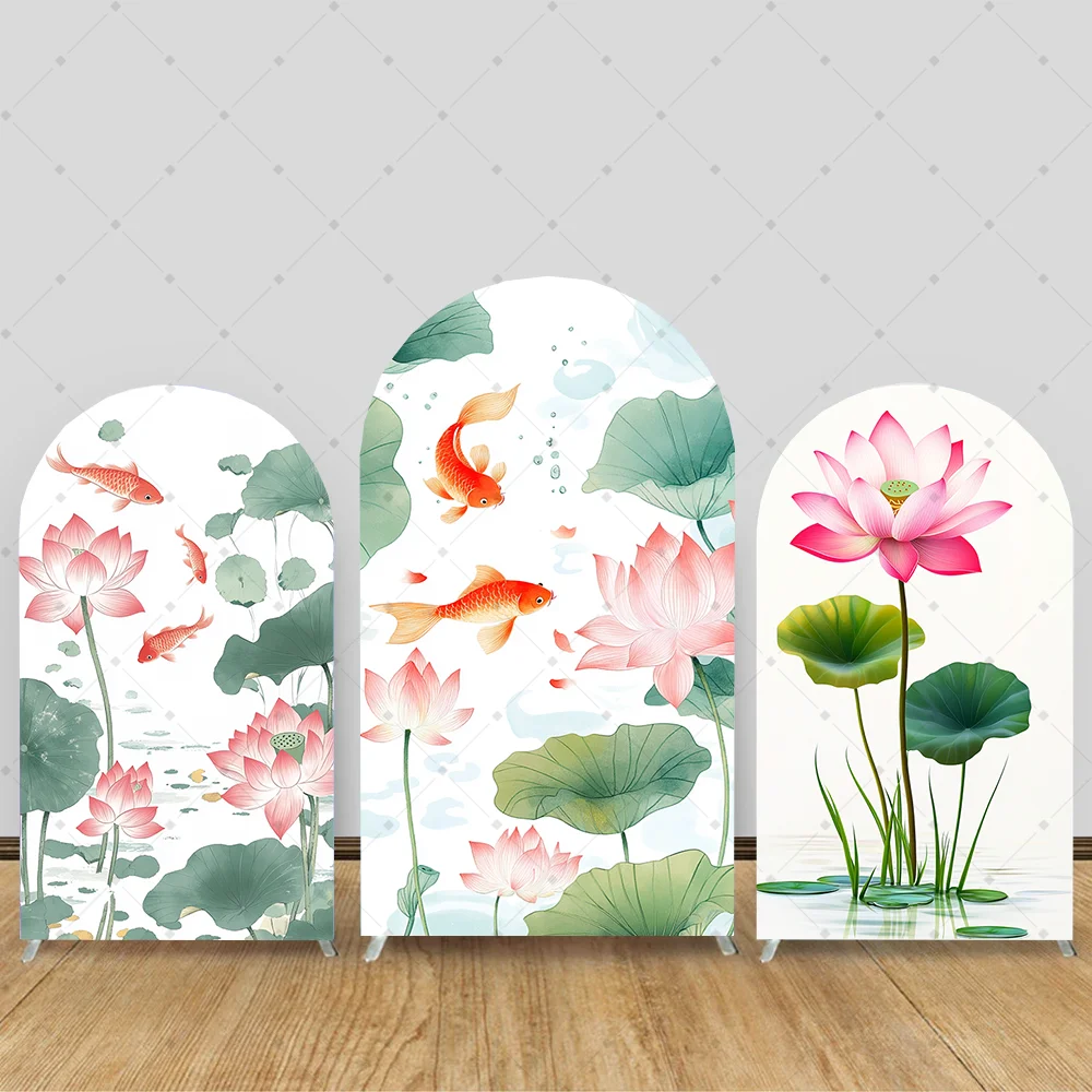 

Summer 2-sided Arch Backdrop Pond Pink Lotus Goldfish Cover Baby Birthday Baby Party Decoration Portrait Photozone Background