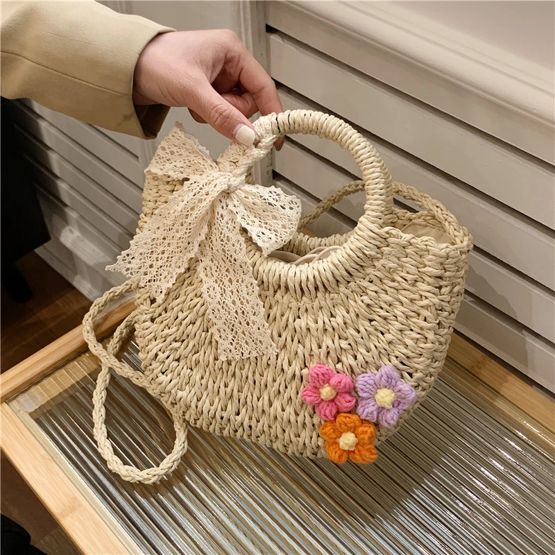 Bolsa de mão feminina, saco tecido à mão, saco tecido palha, em forma de lua, alça superior, para o verão, novo