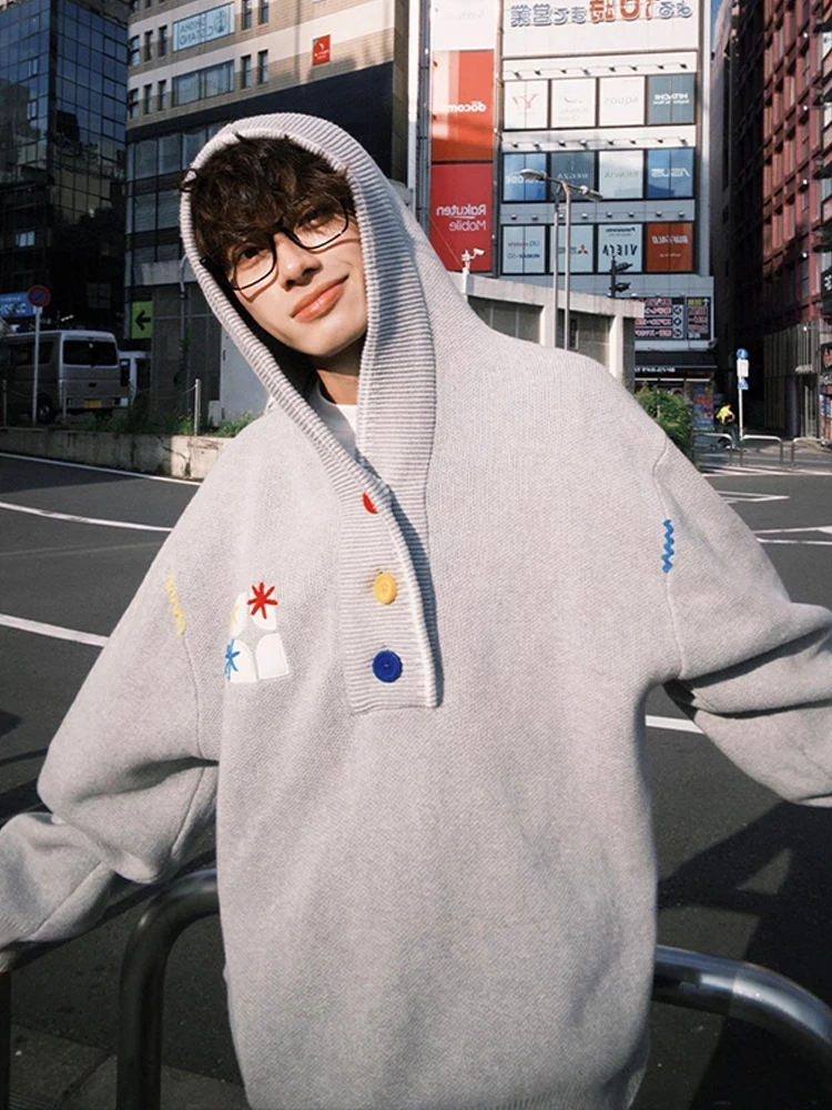 American Retro Hoodie Men's Autumn Casual Loose Comfortable Knitted Sweater Lazy Sle Outerwear Button Closure Long Sve
