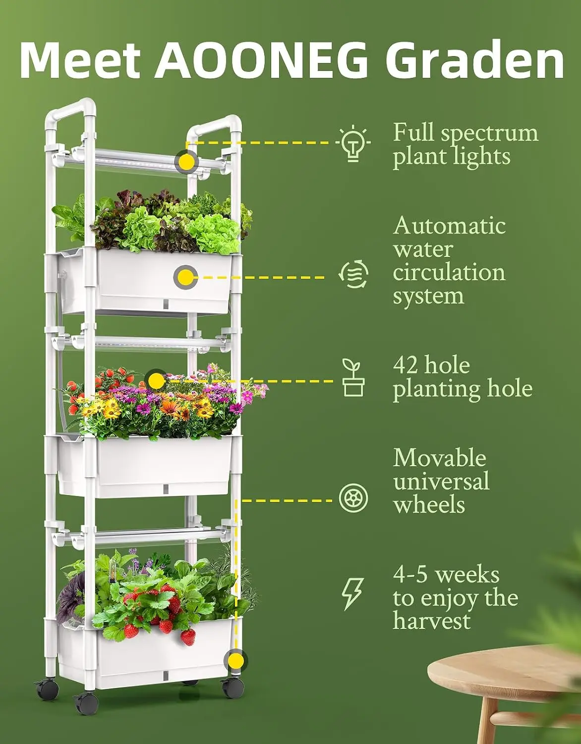 Indoor Hydroponics Growing System in Glossy White, with Adjustable Height, Automatic Timer and Pump System