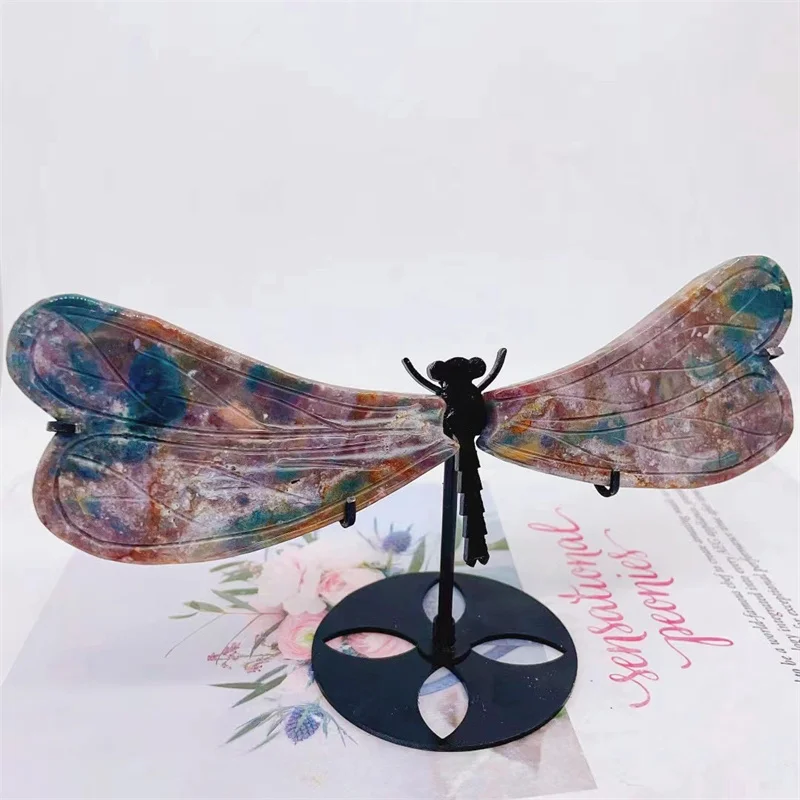 Natural Ocean Jasper Dragonfly Wings Carving Sculpture Quartz Healing Energy Gemstone Crafts For Home Decoration 1Pair