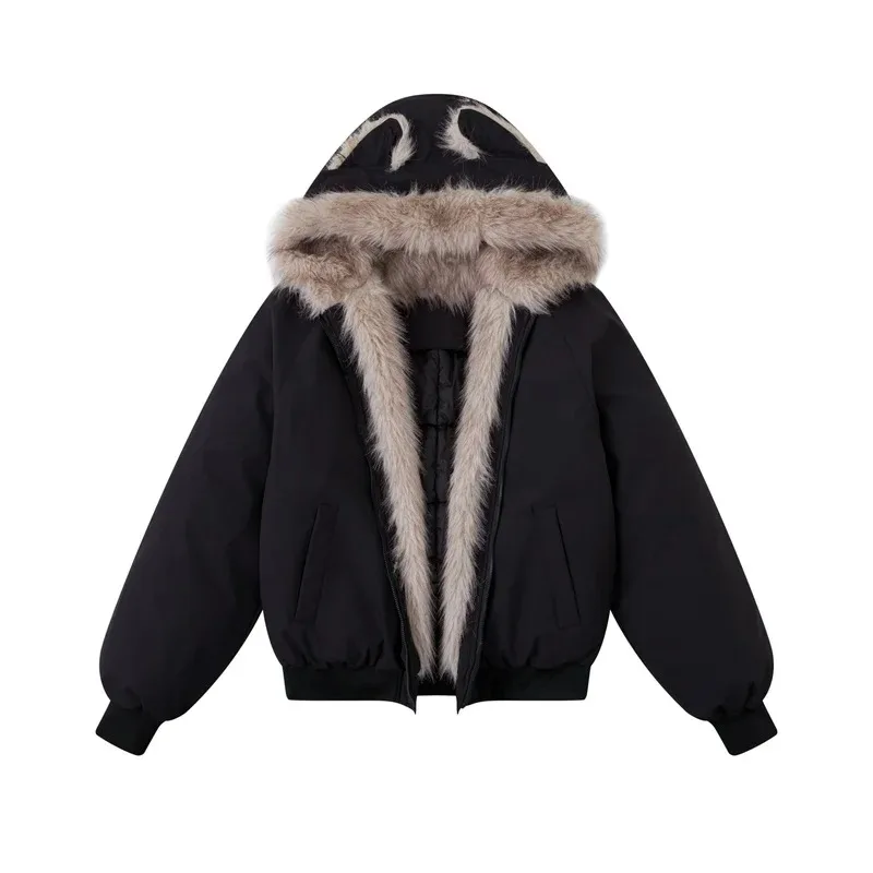 

Y2k Fur Collar Hood Thick Fashion Parkas Casual Outerwear Cotton Padded Jackets Winter New Elegant Liner Fur Loose Coat WomenNew