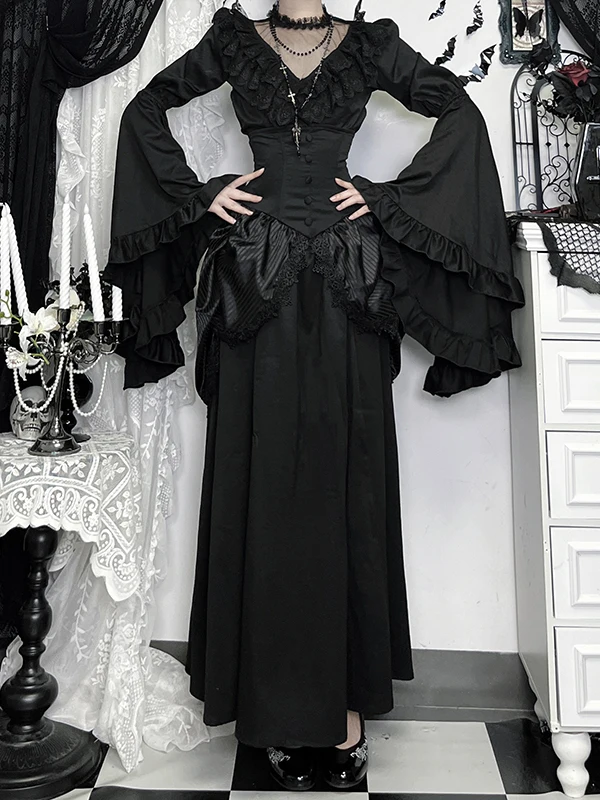 تنورة قصيرة واسعة بخصر مرتفع على الطراز القوطي مع بلوزة لوليتا، طقم من قطعتين، زي هالوين، ملابس نسائية عصرية غير رسمية