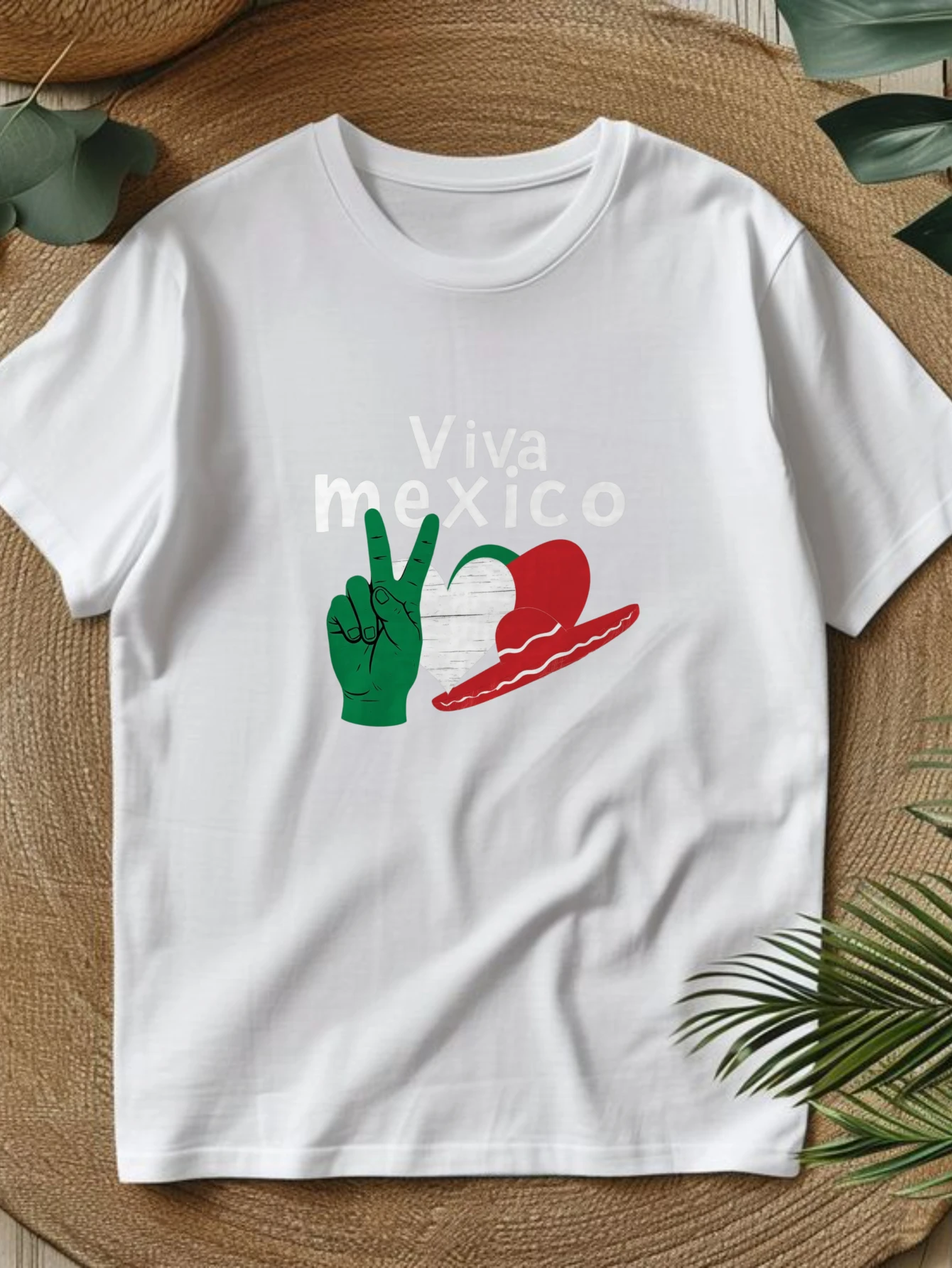 Nueva camiseta de cuello redondo a la moda para mujer, estilo urbano, ropa de mujer para primavera/verano, diseño mexicano con símbolo de la paz y sombrero mexicano, para ocasiones festivas, entrega local