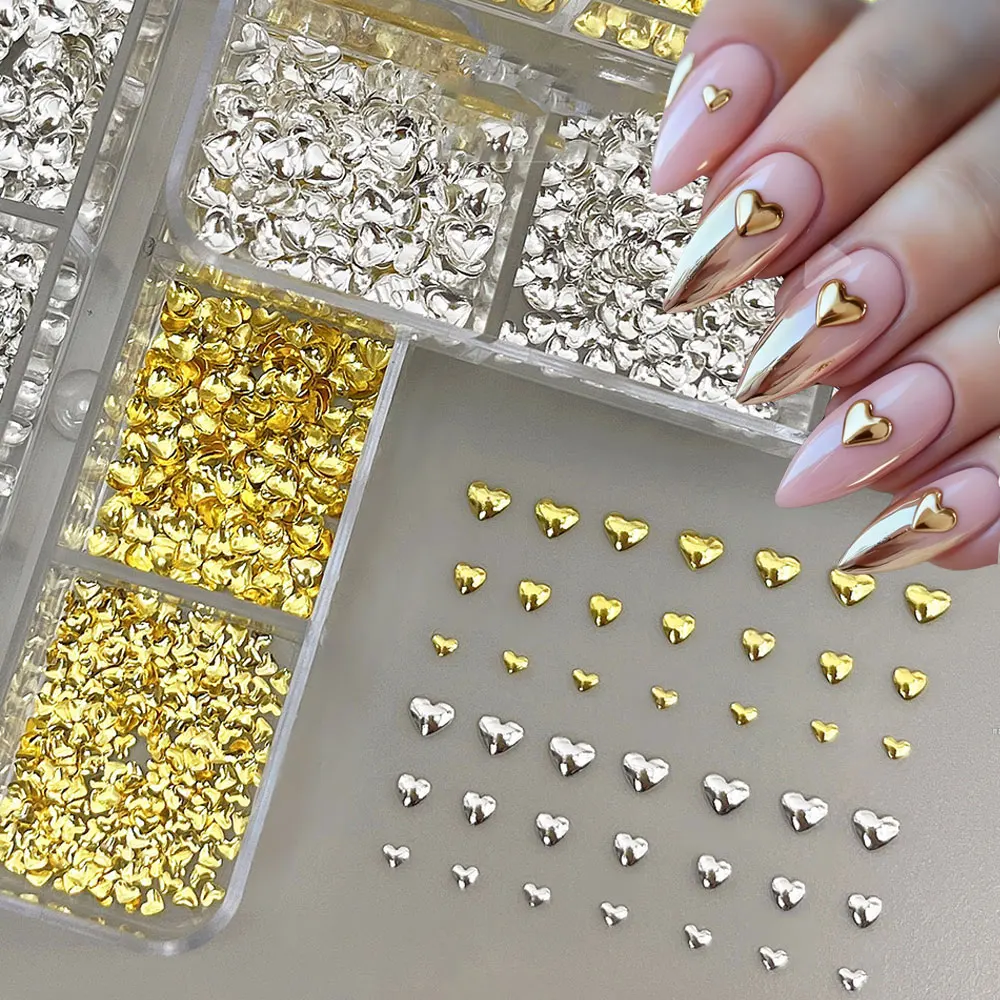 6-grids 3D Love Heart Metal Rivet Nail Charms 2/2.5/3mm mixed Gold Silver Heart Shaped Nail Decorations DIY Nail Art Supplies R3