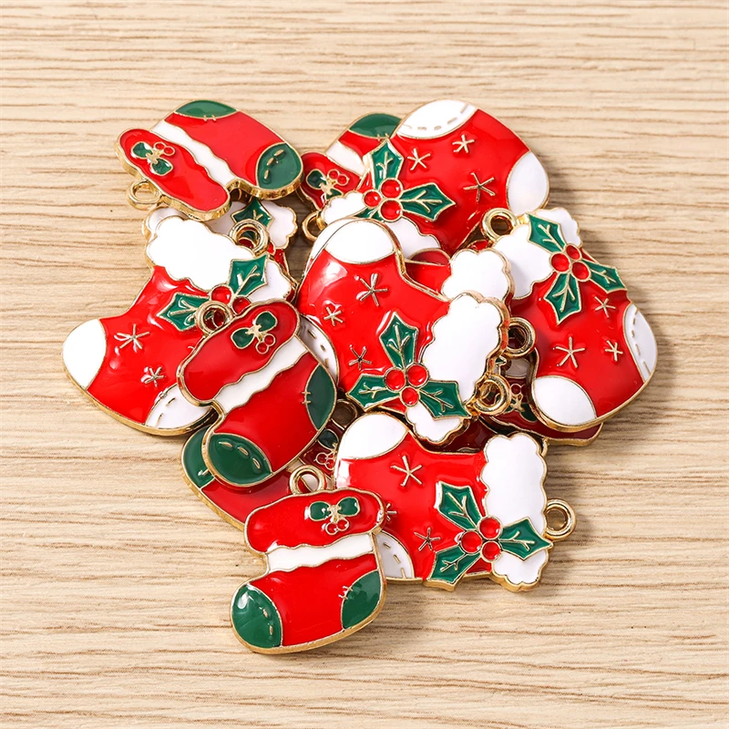 10 Stück niedliche Emaille-Weihnachtssocken-Anhänger für die Schmuckherstellung, Halsketten, Ohrringe, Armbänder, Accessoires, DIY-Bastelarbeiten, Geschenke – Detail 7