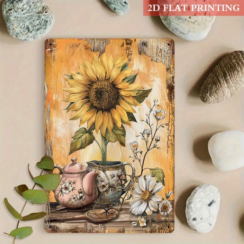 Vintage Sunflower Teapot Metal Sign Iron 8x12 Inch Retro Wall Decor Plaque Tin Plate For Garden Patio