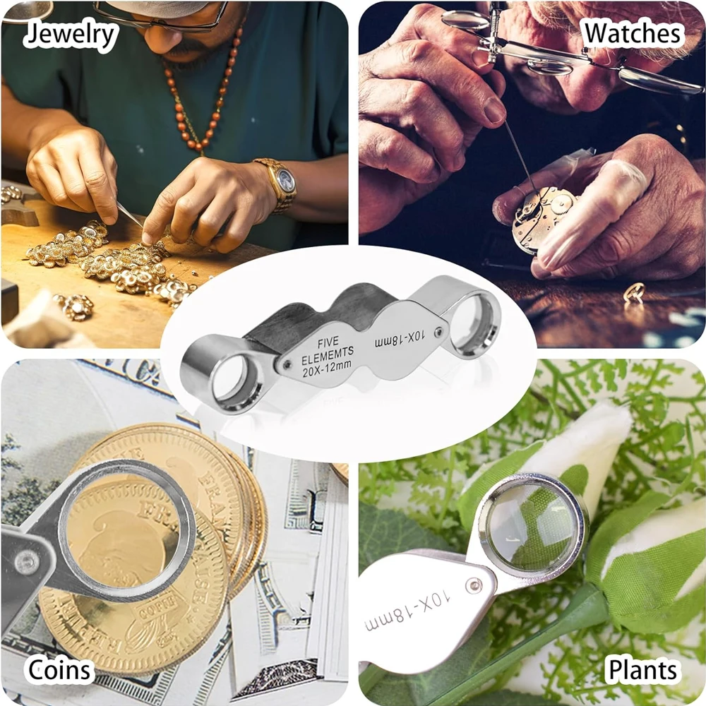 10X 20X Jewelers Loupe Pocket Magnifying Glass With Dual Lenses Foldable Jewelry Loop Magnifier For Diamonds Coins Watches Plant