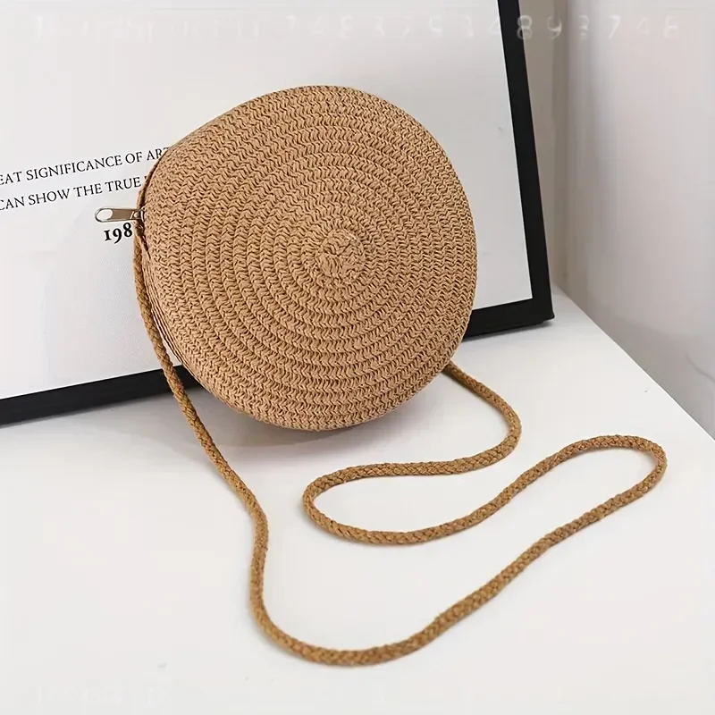 Round Woven Rattan Crossbody Bag for Women Handmade Knitted Straw Small Shoulder Beach Purse Natural Summer Holiday Accessory view 2