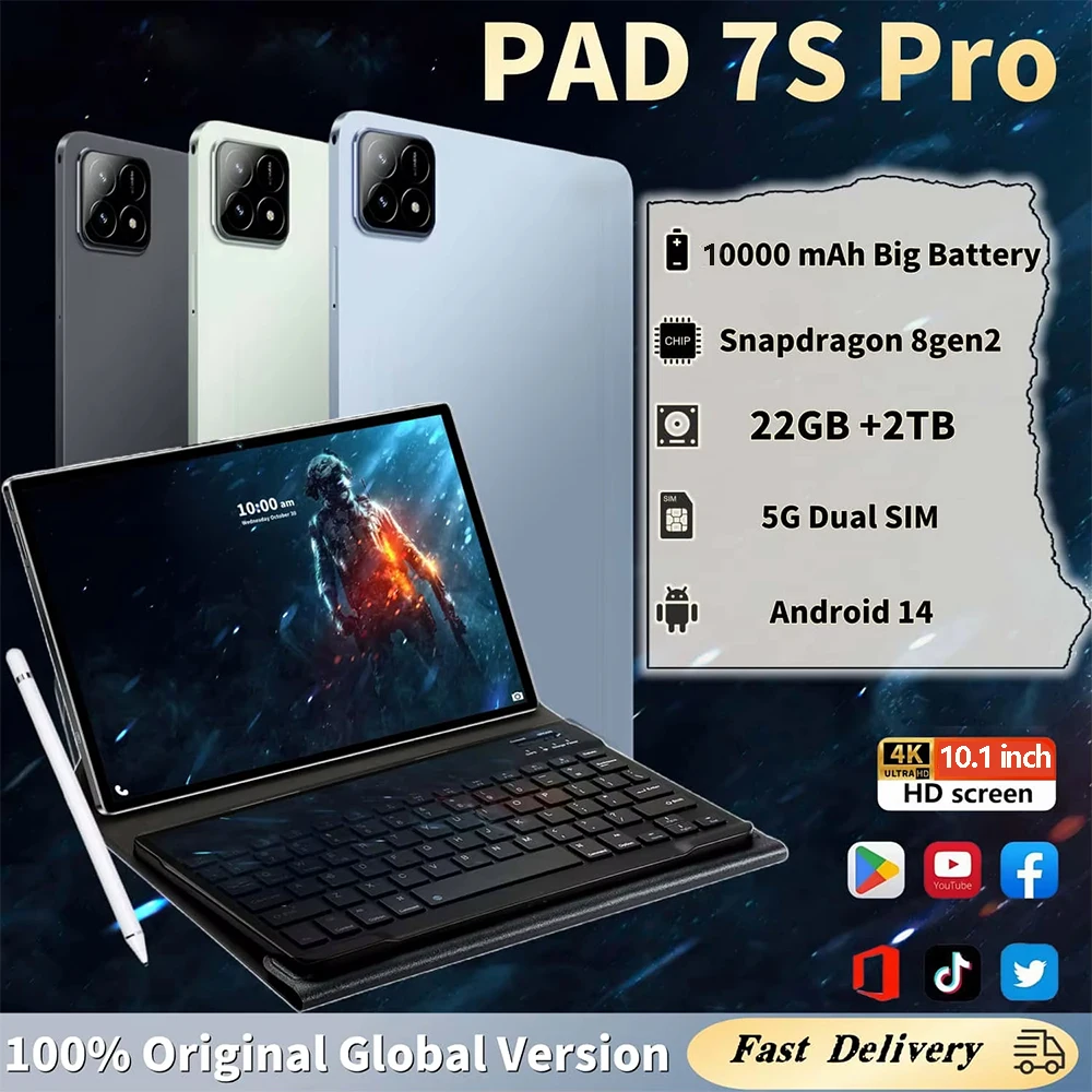 

2025 New HOT Original Pad 7S Pro Snapdragon 10.1inch HD Screen Global Version 10000mAh 5G Dual Card WiFi Tablet