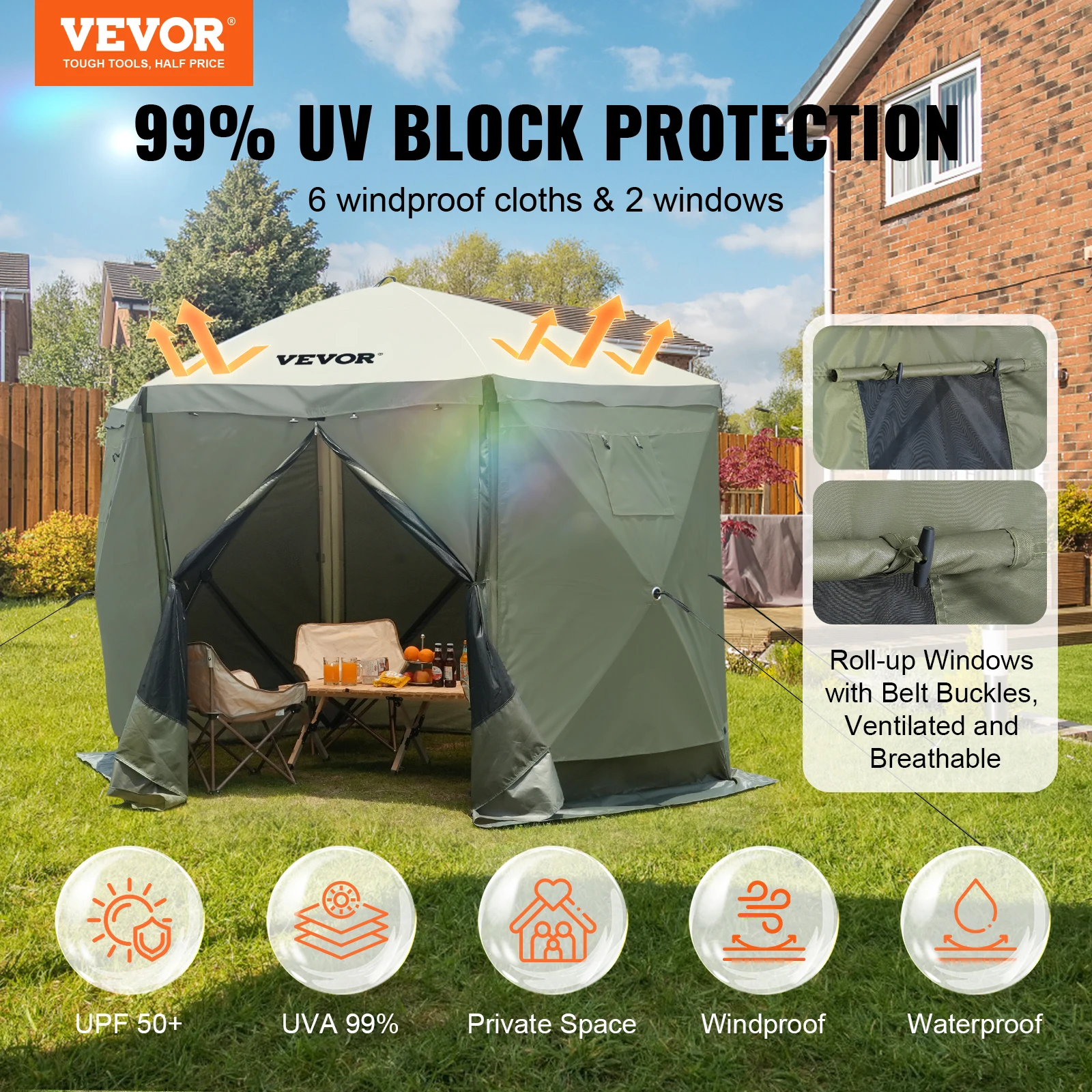 VEVOR Pop Up Gazebo Tent 10x10FT Pop-Up Screen Tents 6 Sided Canopy Sun Shelter Summer Anti-mosquito Gazebo Tent W/Wind Cloths