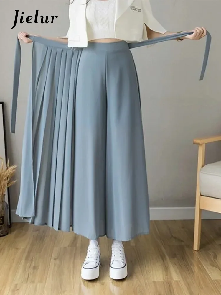 

Jielur Spring Summer New Style Korean Women Pleated Chiffon Trousers High Waist Pants Hakama Casual Wide Leg Pantalones