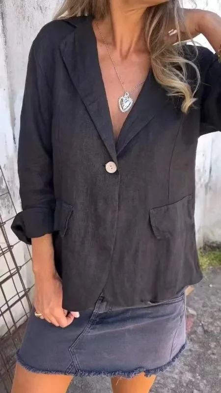 

Casual Solid Suit Coat For Women Elegant Deep V-neck One Button Long Sleeved Spring Autumn Lady New Cotton Linen Top