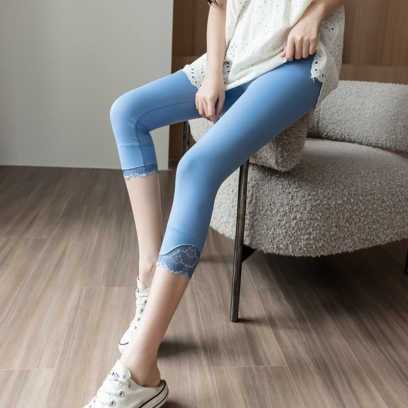 หญิง Slim FITTING ลูกไม้ด้านนอก Bottoming Seventh กางเกงสบายๆสบายๆ Breathable สีดําสีฟ้าสีเทาฤดูร้อน Casual Leggings