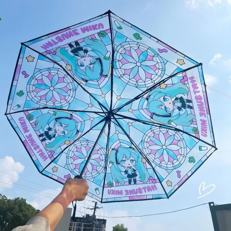 Hatsune Miku Premium Regenschirm mit Farbverlauf und Buntglas-Print, Automatisch Öffnender und Schließender Faltbarer Künstlerischer Regenschirm