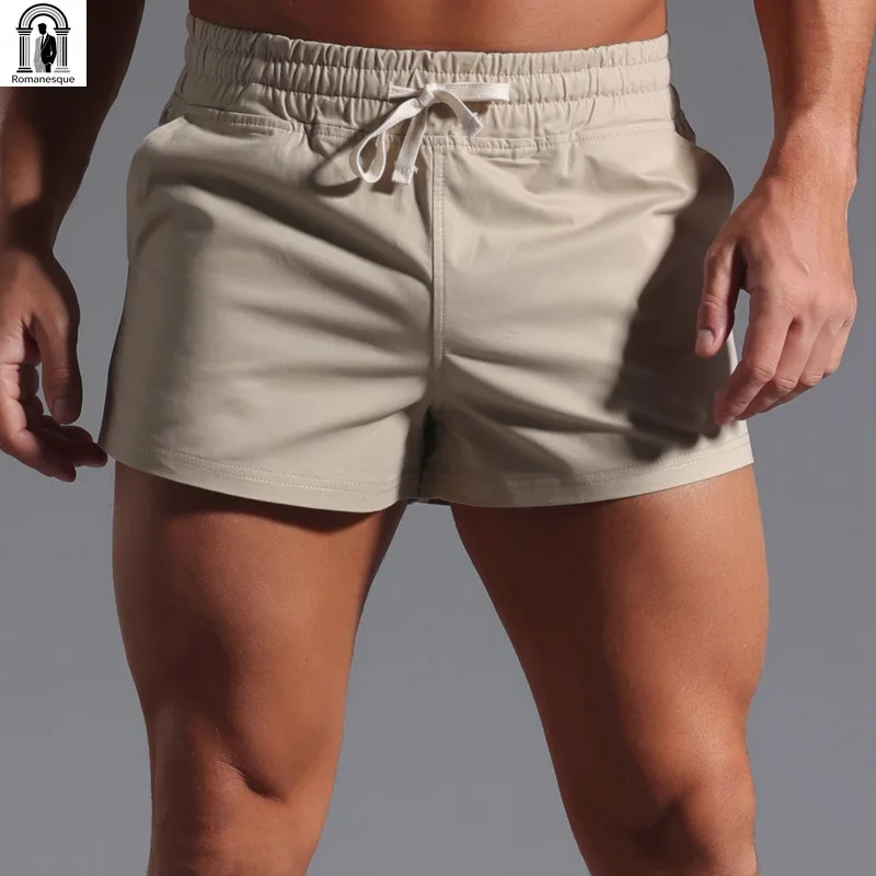 Men's Cotton Slim Fit Shorts Solid Color Sexy Bodybuilding Gym Workout Shorts Elastic Waist Casual Beach Short Pants For Men