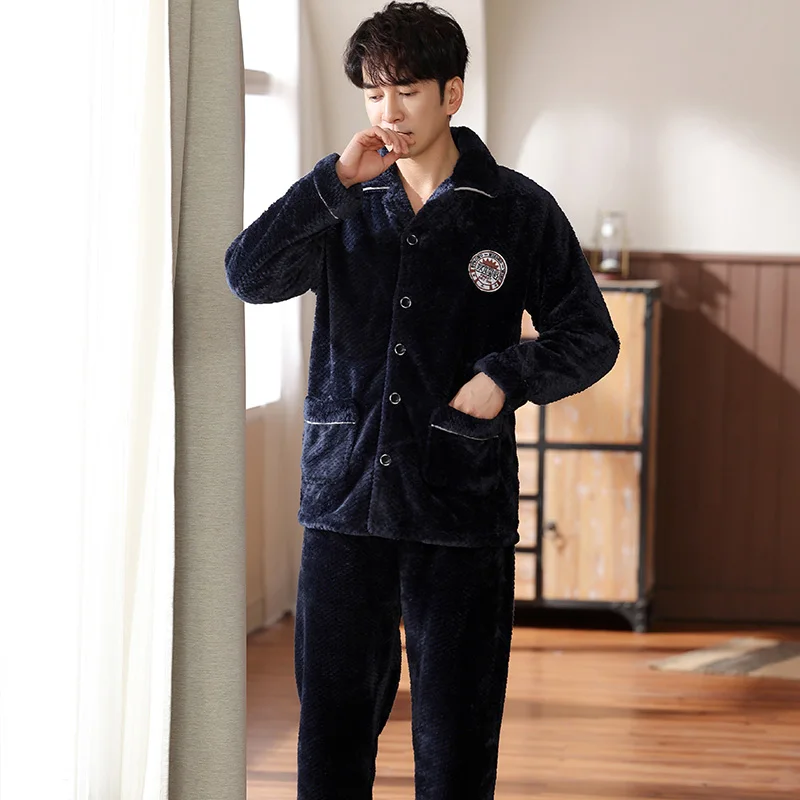 Newest M-4XL Men Pajamas Set Winter Thick Warm Flannel Pyjama Male Long Sleeve Sleepwear Turn-down Collar Pyjama